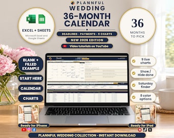 May include: A digital 36-month wedding calendar for 2026, compatible with Microsoft Excel and Google Sheets. The interface features 9 live charts, payment trackers, and deadline management tools, accessible on laptops, iPhones, and iPads.