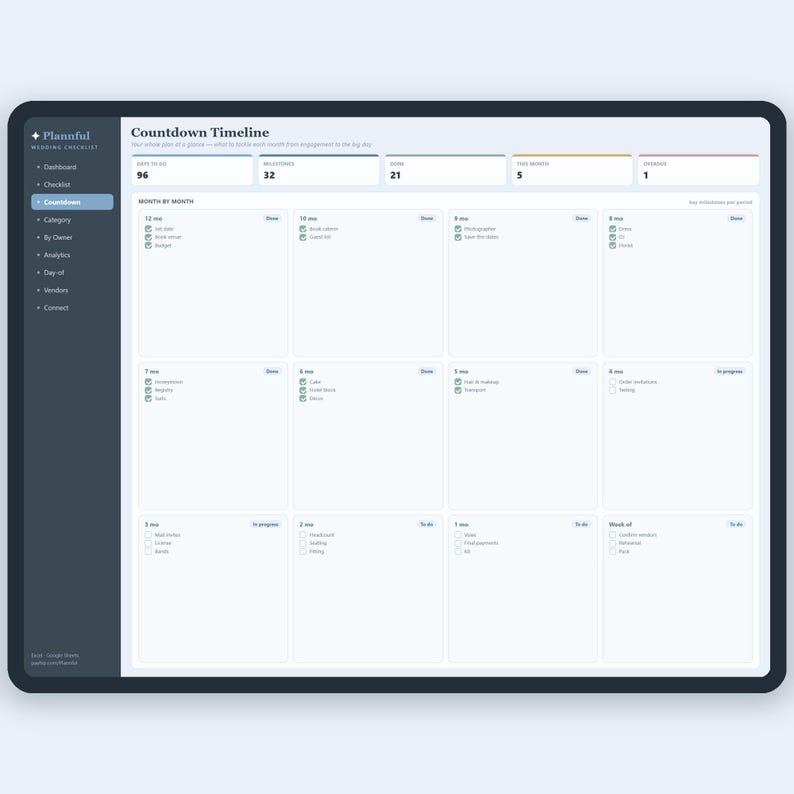 Hoja de cálculo con lista de tareas para la planificación de la boda, lista de tareas pendientes para la cuenta regresiva de 12 meses para Google Sheets y Excel, lista de verificación editable para la novia. imagen 4