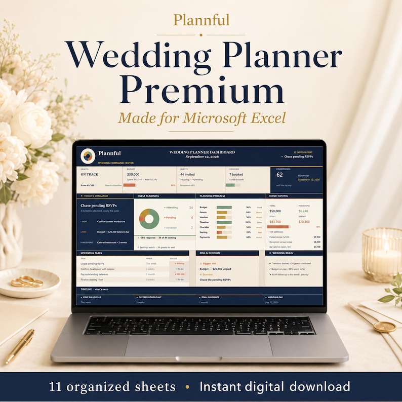 Hochzeitsplaner Premium für Microsoft Excel: Excel-Hochzeitsbudgettabelle, Gästeliste, Dienstleisterverwaltung, Zeitplan, Kalender, Checkliste Bild 1