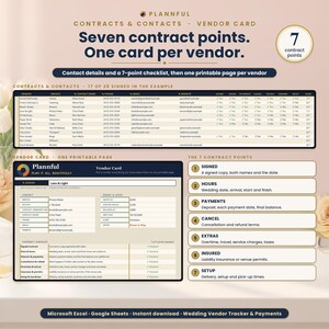 Contracts and contacts page titled Seven contract points, One card per vendor, showing a vendor contact table above a printable vendor card and a seven-point contract checklist from signed to setup.