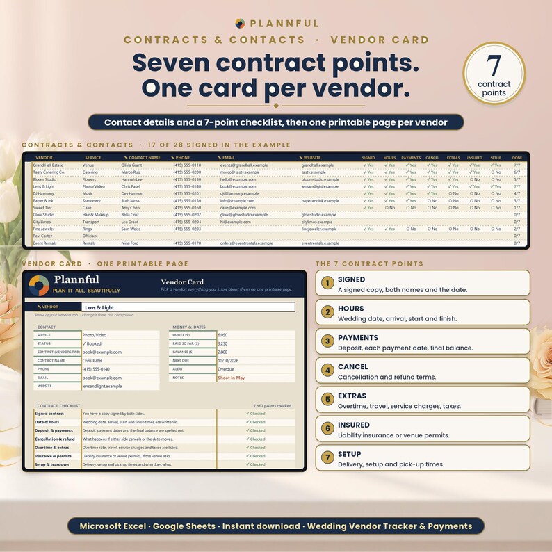 Contracts and contacts page titled Seven contract points, One card per vendor, showing a vendor contact table above a printable vendor card and a seven-point contract checklist from signed to setup.