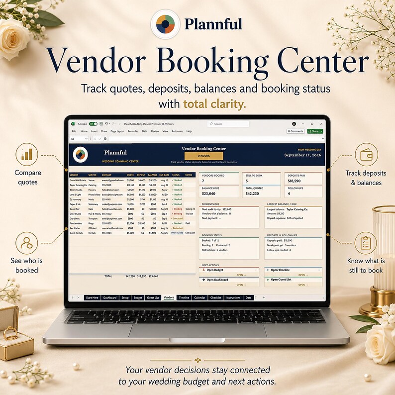 K&ouml;nnte beinhalten: Ein Laptop mit der Plannful Vendor Booking Center Tabelle. Der Bildschirm zeigt Spalten f&uuml;r Anbieter, Service, Kontakt, Angebote, Anzahlungen, Salden, F&auml;lligkeitsdaten, Status und Notizen sowie Zusammenfassungsfelder f&uuml;r Buchungsstatus und Finanzen.