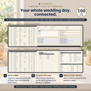 Timeline and Day-of Schedule tab titled Your whole wedding day, connected, with a 100 steps a day badge, a step-by-step timeline table and a day-of schedule sorted by date and time on a spreadsheet mockup.