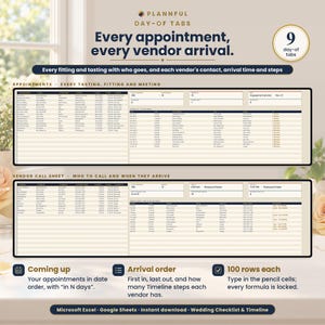 Day-of tabs slide titled Every appointment, every vendor arrival, showing an Appointments table of fittings and tastings above a Vendor Call Sheet table, with notes on coming up, arrival order and 100 rows each.