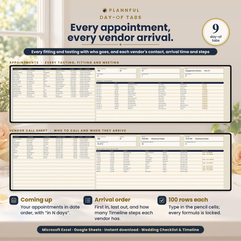 Day-of tabs slide titled Every appointment, every vendor arrival, showing an Appointments table of fittings and tastings above a Vendor Call Sheet table, with notes on coming up, arrival order and 100 rows each.