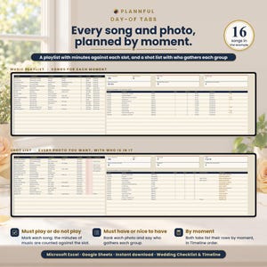 Day-of tabs slide titled Every song and photo, planned by moment, showing a Music Playlist table above a Shot List table, with notes on must play or do not play, must have or nice to have, and by moment.