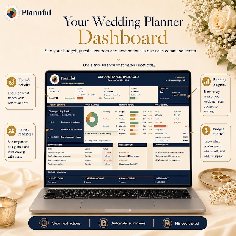 K&ouml;nnte beinhalten: Ein Laptop-Bildschirm zeigt das Plannful Wedding Planner Dashboard mit Datentabellen f&uuml;r Budget, G&auml;steverwaltung und Planungsfortschritt. Die Benutzeroberfl&auml;che enth&auml;lt Bereiche f&uuml;r anstehende Aufgaben, Risikobewertung und einen Hochzeits-Countdown.