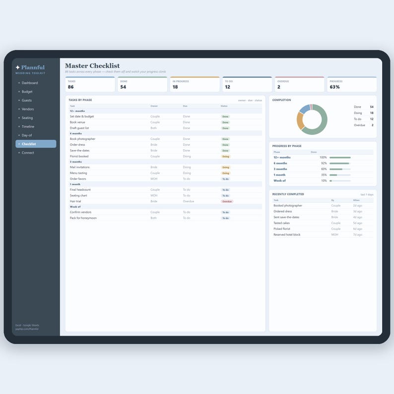 Ultieme bruiloftplannerbundel voor Google Spreadsheets en Excel, budget, gastenlijst, stoelindeling, tijdlijn en spreadsheetset checklist afbeelding 9