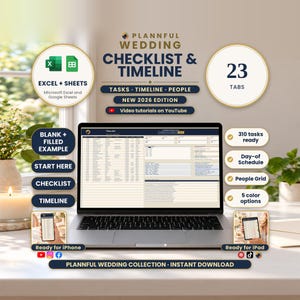 Wedding Checklist and Timeline spreadsheet cover showing a laptop with a task list, a 23 tabs badge, Excel and Sheets logos, and callouts for 310 tasks, Day-of Schedule, People Grid and 5 color options.