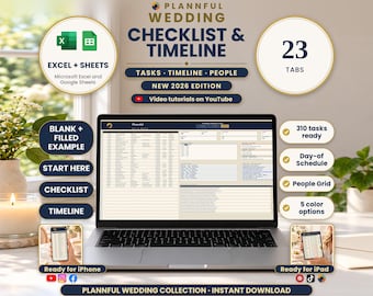 May include: A digital wedding checklist and timeline planner for Microsoft Excel and Google Sheets, 2026 edition. Features 23 tabs, 310 tasks, a day-of schedule, people grid, and 5 color options. Includes video tutorials and mobile compatibility.