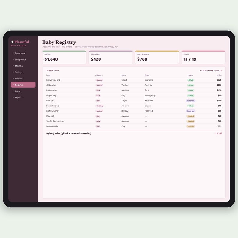 Baby Planer und Checkliste für neue Eltern | Baby-Einkaufsliste und Register Haushalt | Excel & Google Sheets Bild 6