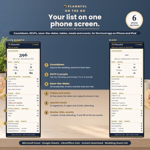 On the go tab on a phone screen, filled and blank, with the countdown, RSVPs in people, save-the-dates by household, tables and free seats, special meals and extra events.
