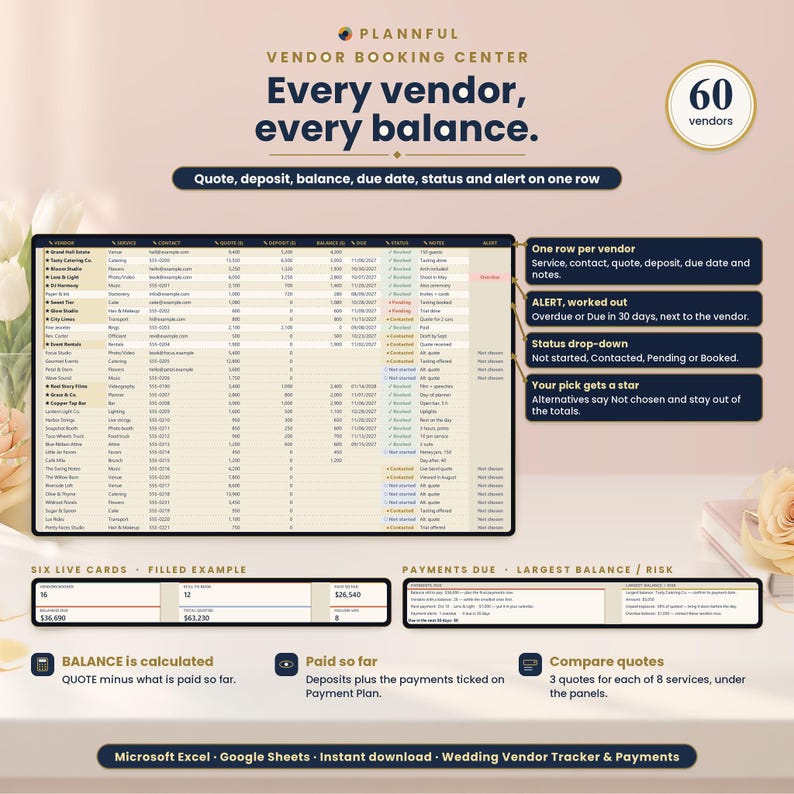 Vendor booking center page titled Every vendor, every balance, showing a wide vendor table on a tablet with four callouts (one row per vendor, alert, status drop-down, starred pick) above six live cards and a payments-due panel, with a 60 vendors badge.