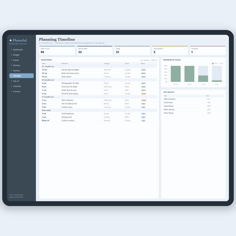 Ultieme bruiloftplannerbundel voor Google Spreadsheets en Excel, budget, gastenlijst, stoelindeling, tijdlijn en spreadsheetset checklist afbeelding 7