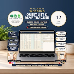 Wedding Guest List & RSVP Tracker spreadsheet on a laptop, iPhone and iPad, showing the Guest List tab, 12 live charts and the three programs: Microsoft Excel, Google Sheets and LibreOffice Calc.