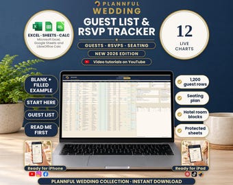 Wedding Guest List Spreadsheet, RSVP Tracker, Table Seating Plan, Meals, Hotels (Excel, Google Sheets, LibreOffice Calc Digital Download)