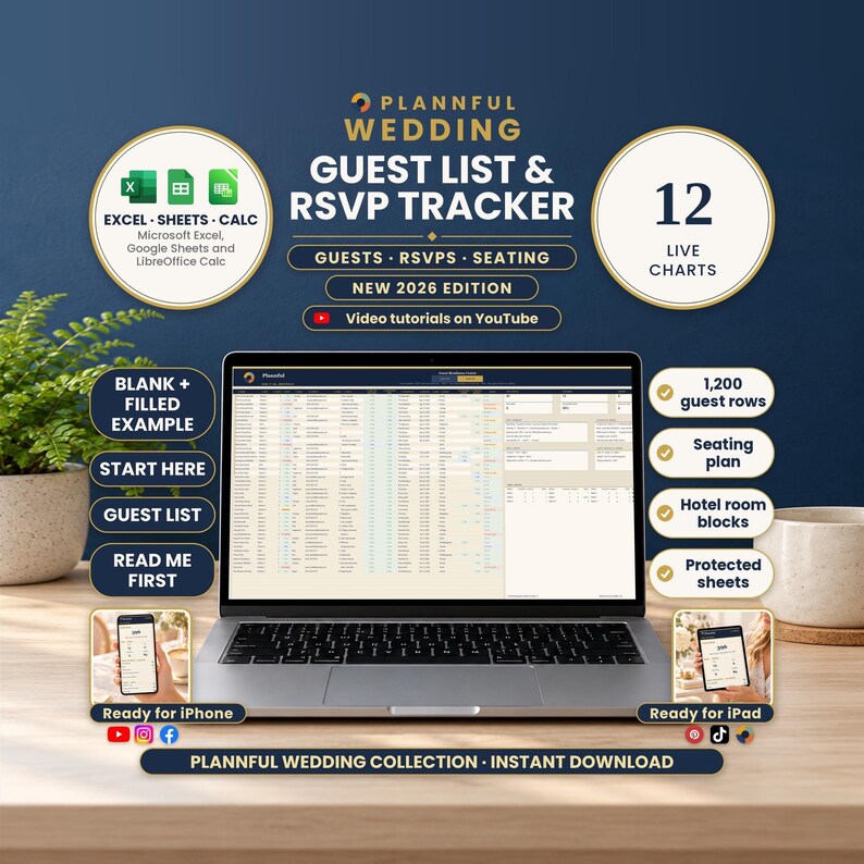 Wedding Guest List & RSVP Tracker spreadsheet on a laptop, iPhone and iPad, showing the Guest List tab, 12 live charts and the three programs: Microsoft Excel, Google Sheets and LibreOffice Calc.