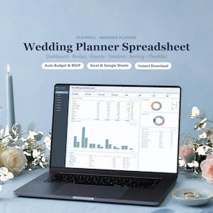 Plantilla todo en uno para planificar bodas: hoja de cálculo, control de presupuesto para Google Sheets y Excel, lista de invitados, plano de mesas y confirmación de asistencia. imagen 1