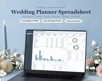Spreadsheet bruiloftplanner, bruiloftsbudgettracker voor Google Spreadsheets en Excel, gastenlijst, tabel met zitplaatsen en RSVP, alles-in-één-sjabloon