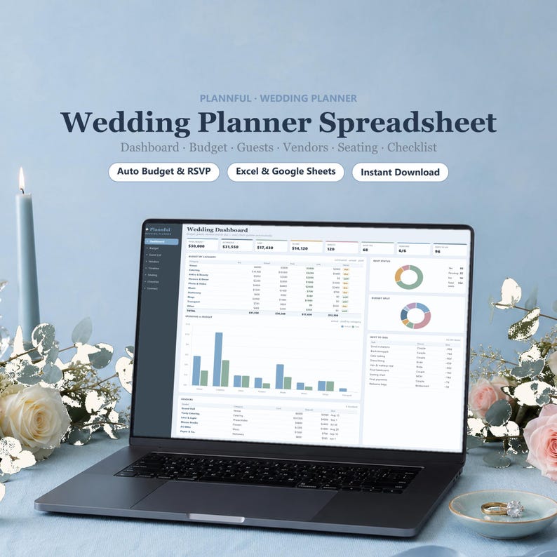 Plantilla todo en uno para planificar bodas: hoja de cálculo, control de presupuesto para Google Sheets y Excel, lista de invitados, plano de mesas y confirmación de asistencia. imagen 1