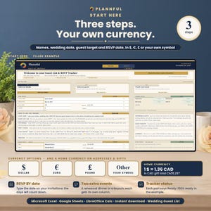Start Here tab with three steps to get going, your names, wedding date, guest target and RSVP BY date, two extra events, tracker status and a currency choice of dollar, euro, pound or your own symbol.