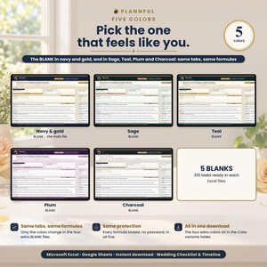 Five Colors slide titled Pick the one that feels like you, showing five blank spreadsheet previews in Navy and gold, Sage, Teal, Plum and Charcoal, plus a 5 BLANKS box noting 310 tasks ready in each.