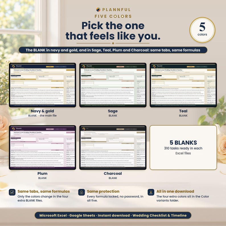 Five Colors slide titled Pick the one that feels like you, showing five blank spreadsheet previews in Navy and gold, Sage, Teal, Plum and Charcoal, plus a 5 BLANKS box noting 310 tasks ready in each.
