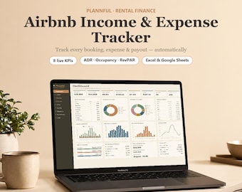 Rastreador de ingresos y gastos de Airbnb para Google Sheets y Excel, hoja de cálculo para alquileres a corto plazo, rastreador de ganancias, ADR, ocupación y RevPAR.