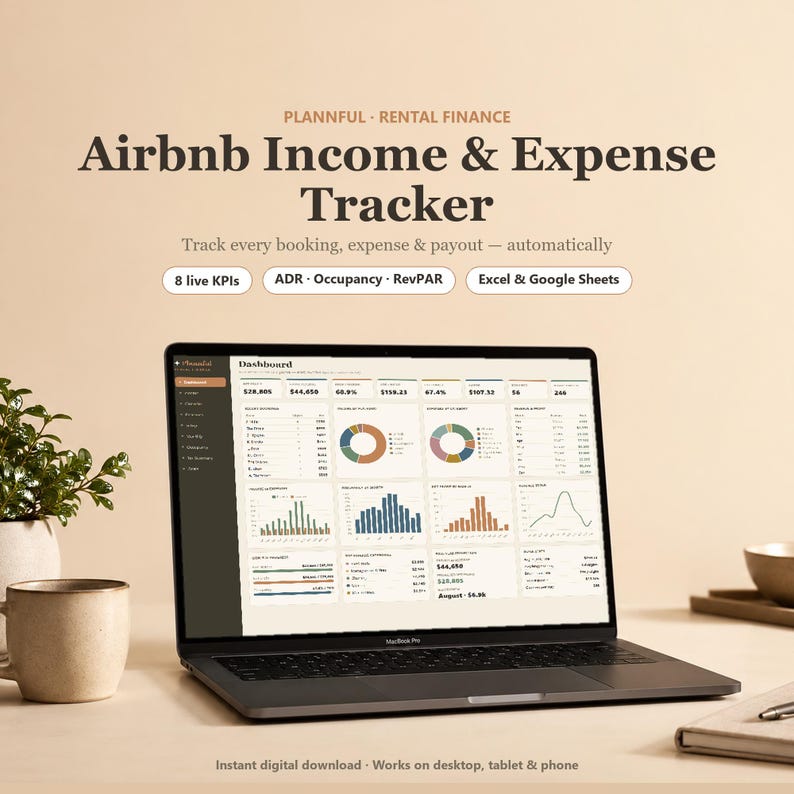 May include: A laptop displaying an Airbnb Income & Expense Tracker dashboard with charts and financial data. Text includes: Plannful Rental Finance, Airbnb Income & Expense Tracker, Track every booking, expense & payout, 8 live KPIs, ADR, Occupancy, RevPAR, Excel & Google Sheets, and Instant digital download.