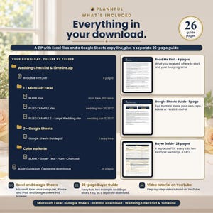 What's included slide titled Everything in your download, showing a dark folder tree with Excel files, Google Sheets guide and color variants, next to three PDF previews: Read Me First, Google Sheets Guide and a 26-page Buyer Guide.