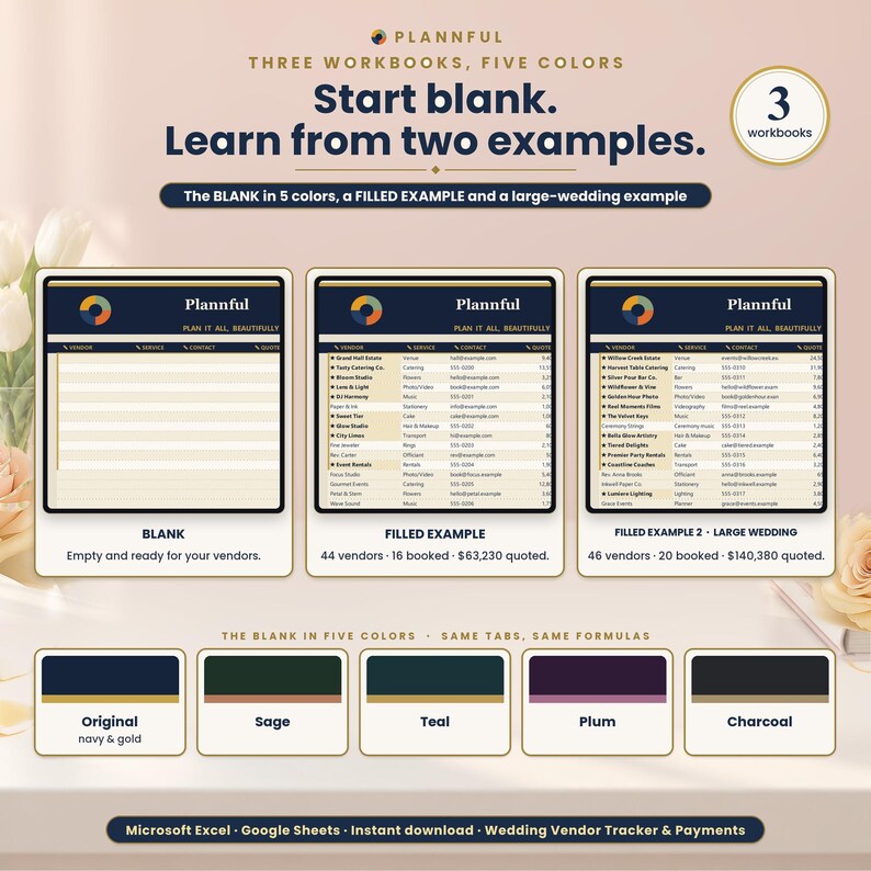 Workbook versions page titled Start blank, Learn from two examples, showing three spreadsheet previews labeled Blank, Filled Example with 44 vendors, and Filled Example 2 Large Wedding with 46 vendors, above five color swatches from Original to Charcoal.