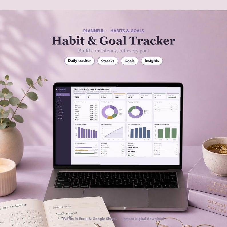 Habit Tracker Tabelle | tägliche Gewohnheit und Ziel-Tracker | Streifen-, Routine- und Tor-Planer | Excel & Google Sheets Bild 1