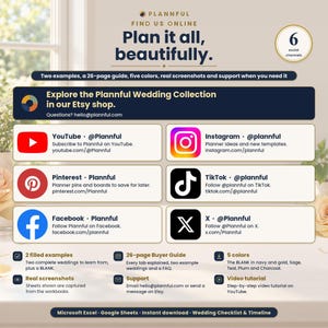 Find Us Online slide titled Plan it all, beautifully, with a banner inviting visitors to explore the Plannful Wedding Collection and six social cards for YouTube, Instagram, Pinterest, TikTok, Facebook and X.