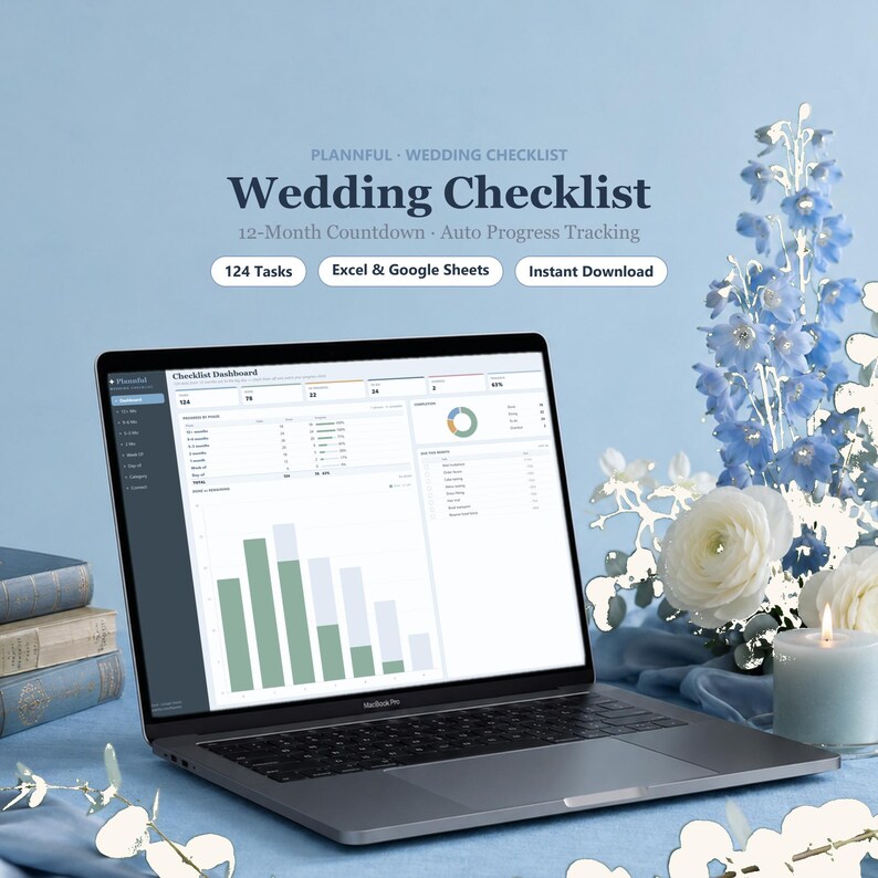 Hoja de cálculo con lista de tareas para la planificación de la boda, lista de tareas pendientes para la cuenta regresiva de 12 meses para Google Sheets y Excel, lista de verificación editable para la novia. imagen 1