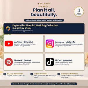 Social page titled Plan it all, beautifully, with a banner to explore the Plannful Wedding Collection in the Etsy shop and four cards for YouTube, Instagram, Pinterest and TikTok, plus notes on the buyer guide and instant download.