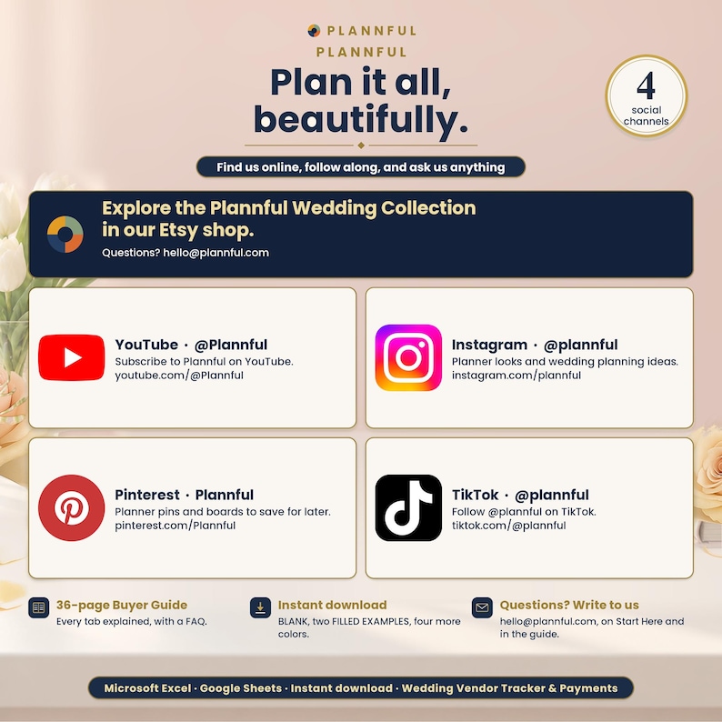 Social page titled Plan it all, beautifully, with a banner to explore the Plannful Wedding Collection in the Etsy shop and four cards for YouTube, Instagram, Pinterest and TikTok, plus notes on the buyer guide and instant download.