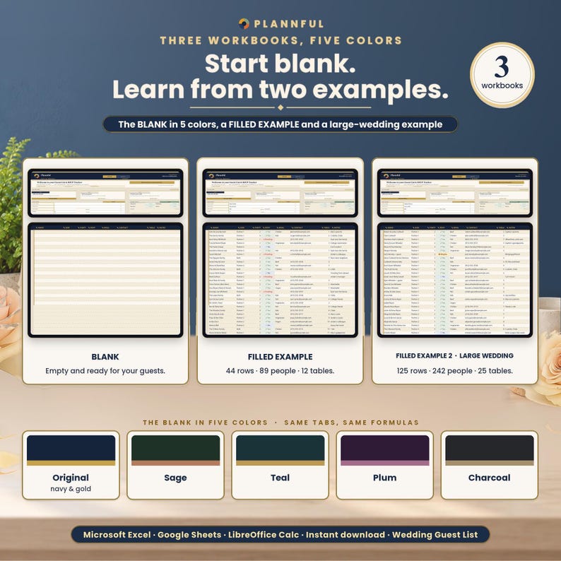 Three workbooks side by side, the blank tracker, a filled example with 89 people and a large-wedding example with 242 people, plus the blank in five colors: Original, Sage, Teal, Plum and Charcoal.