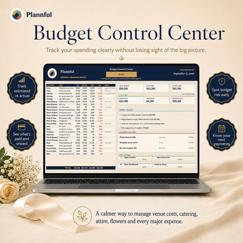 K&ouml;nnte beinhalten: Ein Laptop-Bildschirm mit der Benutzeroberfl&auml;che des Plannful Budget Control Center, die eine detaillierte Finanzkalkulation f&uuml;r Hochzeitsausgaben mit Spalten f&uuml;r Kategorie, Posten, gesch&auml;tzte Kosten, tats&auml;chliche Kosten und Zahlungen zeigt.