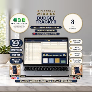 Cover image of the Plannful Wedding Budget Tracker showing a laptop with a budget spreadsheet and charts, badges for 8 live charts, Excel, Sheets and Calc, 150 costs tracked, who pays split, and a savings plan.