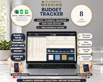May include: A digital wedding budget tracker displayed on a laptop screen, featuring the text Plannful Wedding Budget Tracker New 2026 Edition. The interface includes 8 live charts, cost tracking, payment logs, and balance summaries compatible with Excel, Sheets, and Calc.