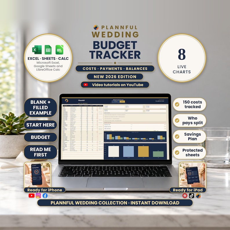 Cover image of the Plannful Wedding Budget Tracker showing a laptop with a budget spreadsheet and charts, badges for 8 live charts, Excel, Sheets and Calc, 150 costs tracked, who pays split, and a savings plan.