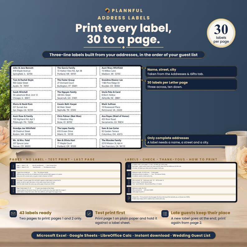 Envelopes tab with three-line address labels, 30 per US Letter page, beside panels for the pages to print, guests with no label, a test print and the last page.