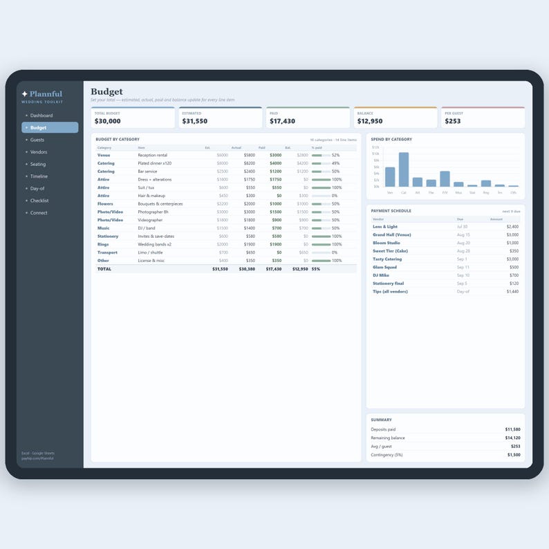 Ultieme bruiloftplannerbundel voor Google Spreadsheets en Excel, budget, gastenlijst, stoelindeling, tijdlijn en spreadsheetset checklist afbeelding 3