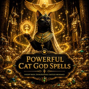 May include: A black cat adorned in ornate gold Egyptian-style jewellery and a headpiece, holding a glowing golden ankh symbol. The background features golden statues and coins. Text reads: POWERFUL CAT GOD SPELLS. ANCIENT MAGIC. DIVINE BLESSINGS. LIMITLESS ABUNDANCE.