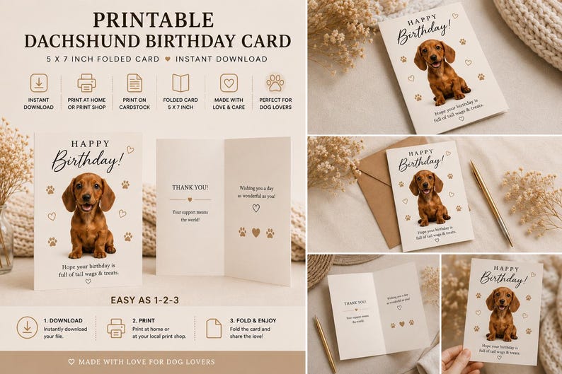 Dachshund Birthday Card Printable, Cute Sausage Dog Birthday Card ...
