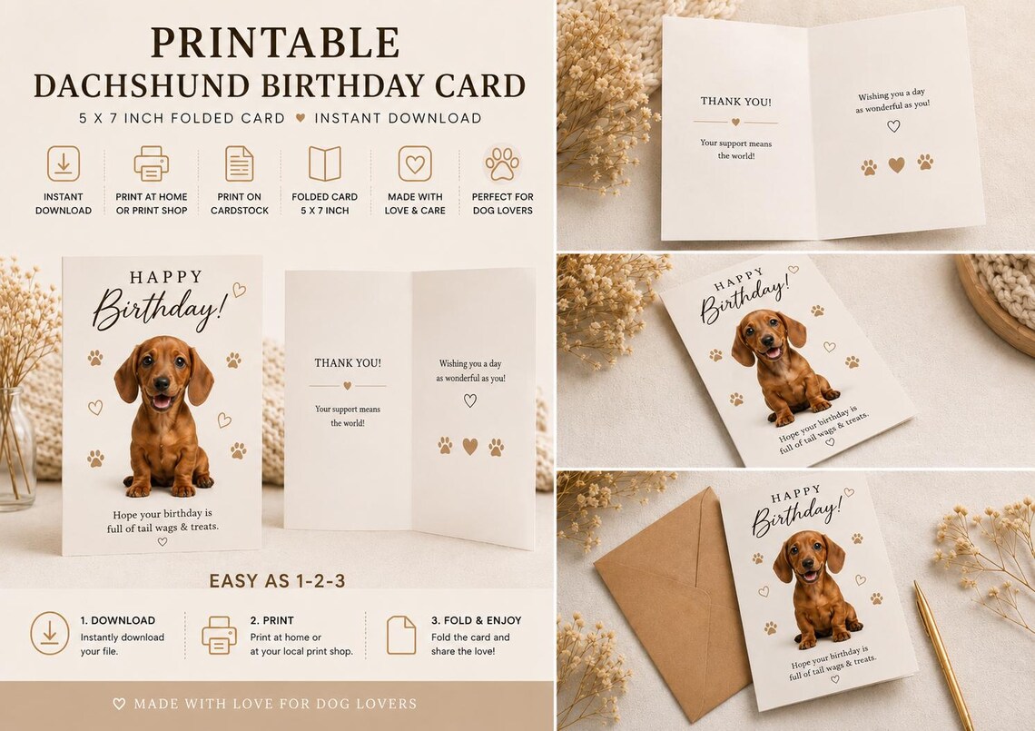 Dachshund Birthday Card Printable, Cute Sausage Dog Birthday Card ...