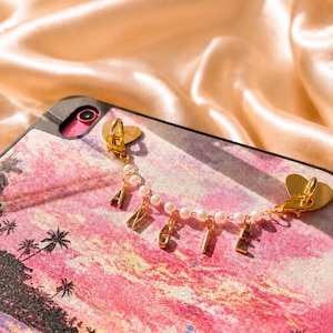Custom Name Kindle and IPad Charms with Pearl Chain and Clasps (Optional Adhesive Loops)