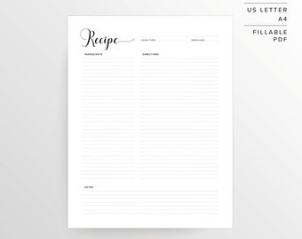 Recipe Page | US Letter | A4 | Recipe Printable | Recipe Template | Recipe Sheet | Blank Recipe Book | Printable Recipe | Instant Download