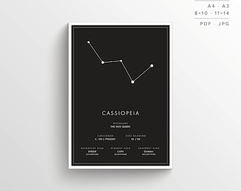 Cassiopeia Constellation Print | Printable Poster | Constellation Art | Minimalist Poster | Black and White | Stars | Instant Download