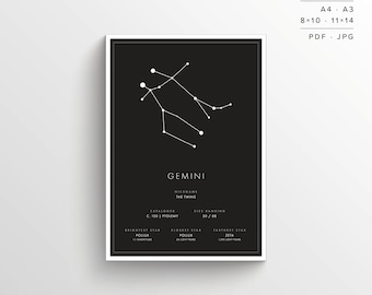 Gemini Constellation Print | Printable Poster | Constellation Art | Zodiac | Minimalist Poster | Black and White | Stars | Instant Download